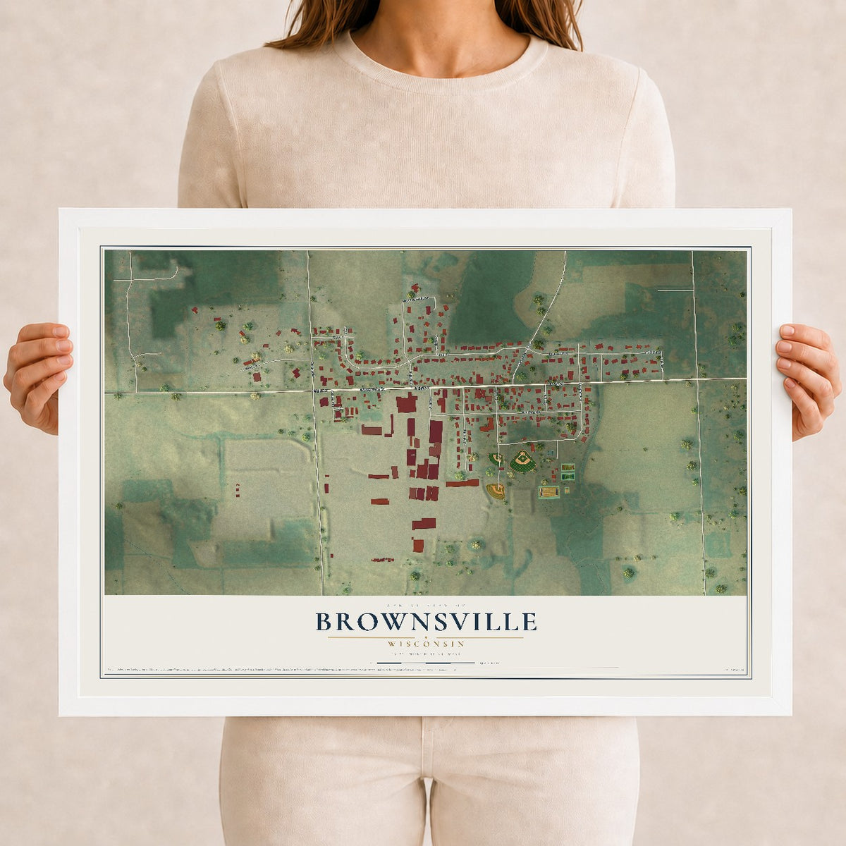 Map of Brownsville, Wisconsin, 12 x 18 inch print in a white wood frame