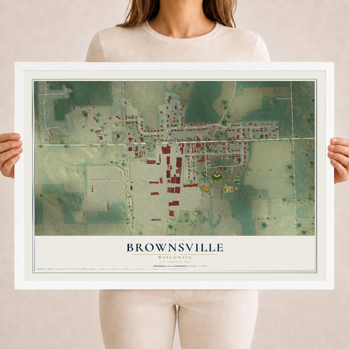 Map of Brownsville, Wisconsin, 18 x 24 inch print in a white wood frame