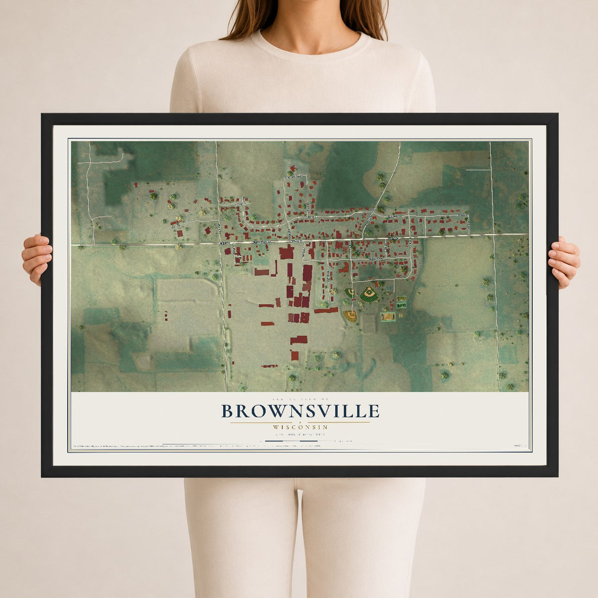Map of Brownsville, Wisconsin, 24 x 36 inch print in a black wood frame