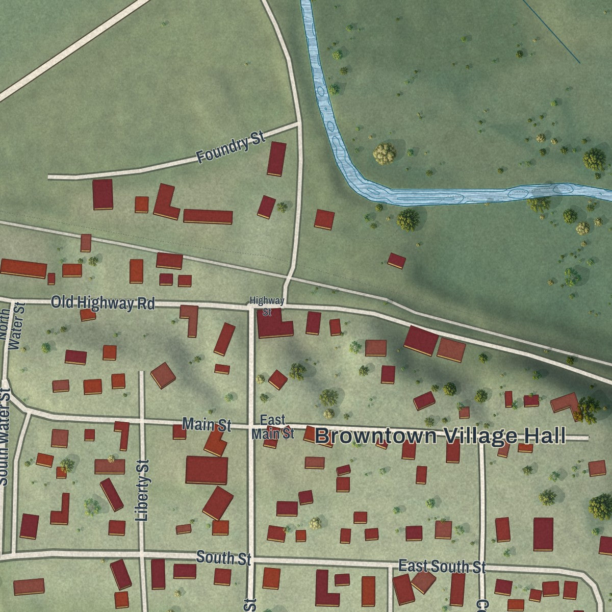Close-up of the map of Browntown, Wisconsin print showing street and building detail