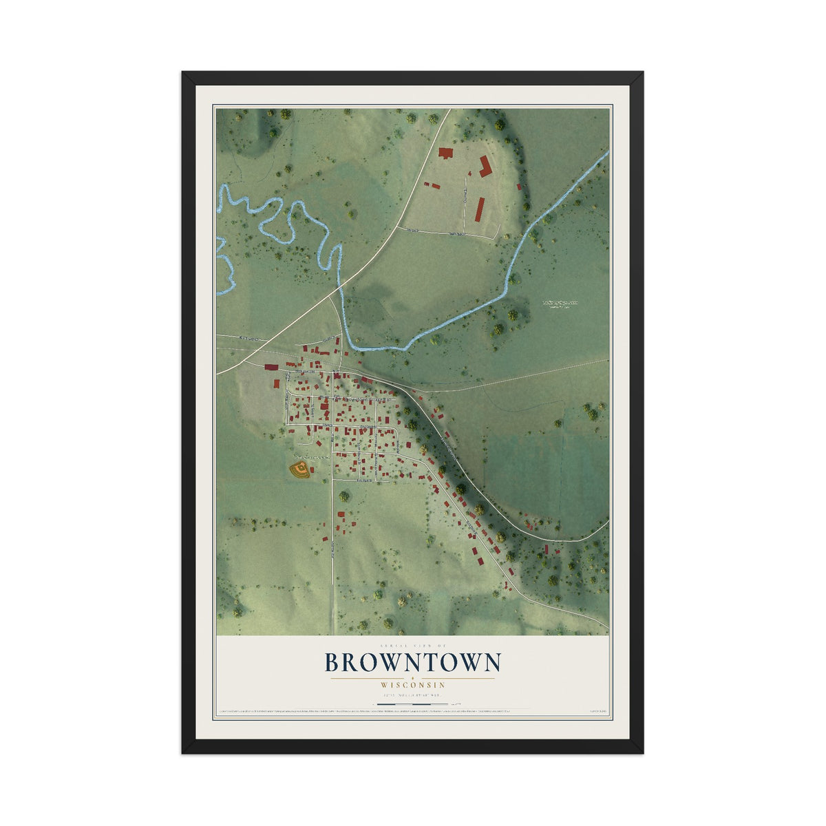 Map of Browntown, Wisconsin, 12 x 18 inch print in a black wood frame
