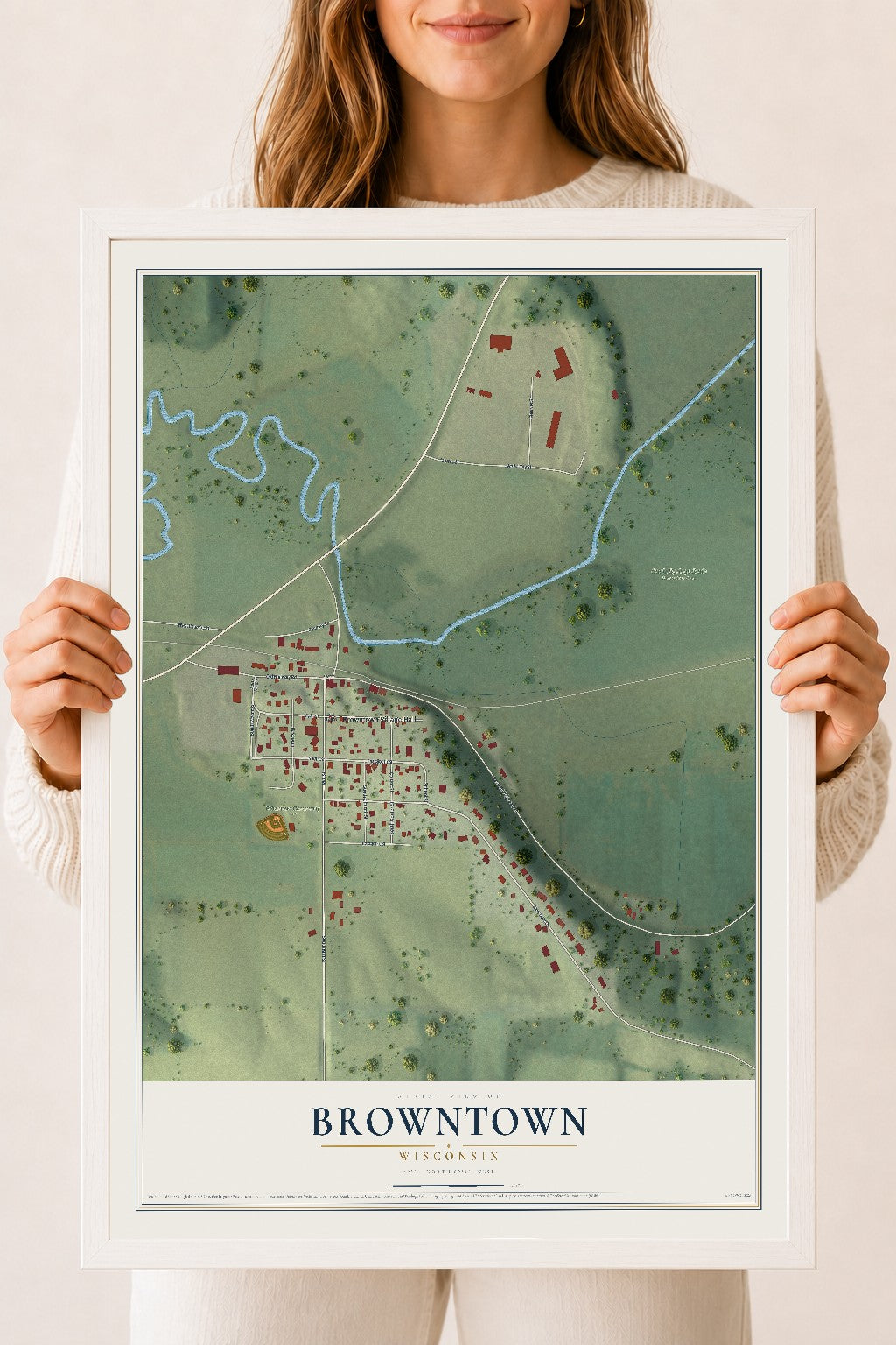 Map of Browntown, Wisconsin, 18 x 24 inch print in a white wood frame