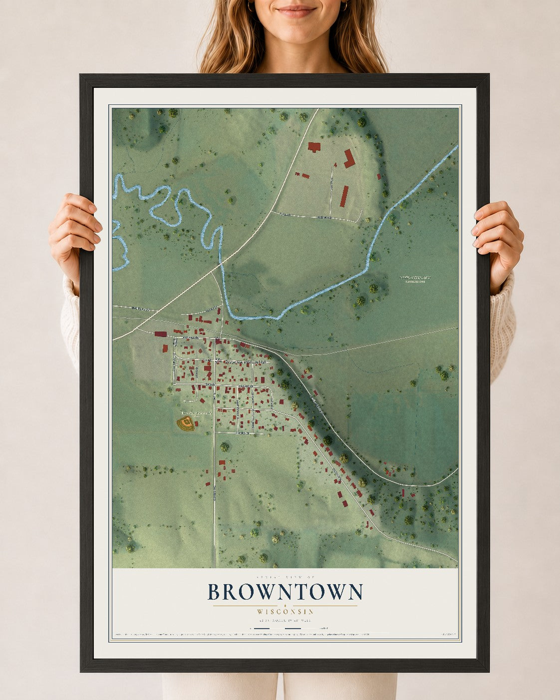Map of Browntown, Wisconsin, 24 x 36 inch print in a black wood frame