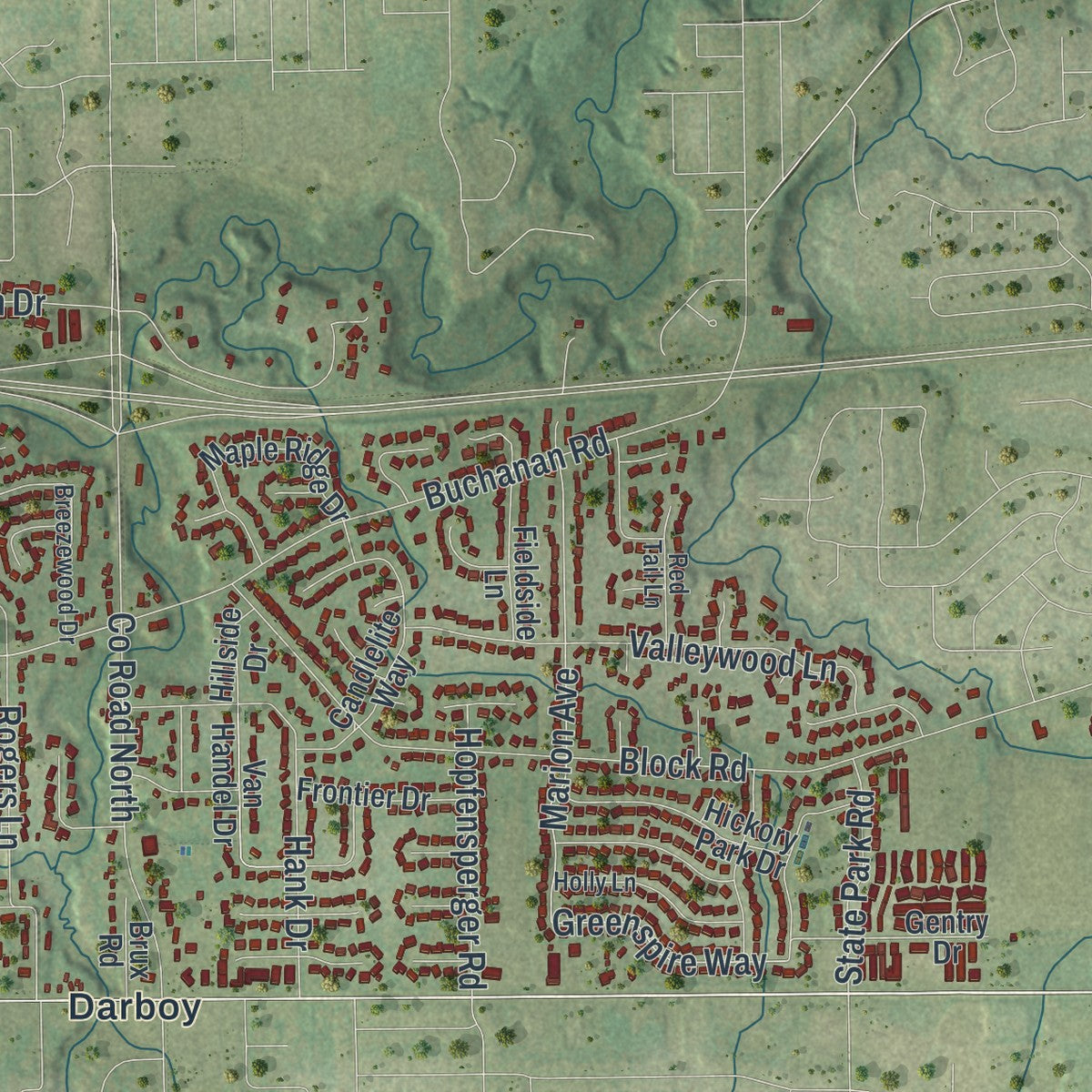 Close-up of the map of Buchanan, Wisconsin print showing street and building detail