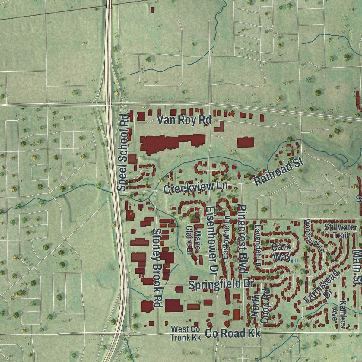 Second close-up of the map of Buchanan, Wisconsin print showing more streets and buildings