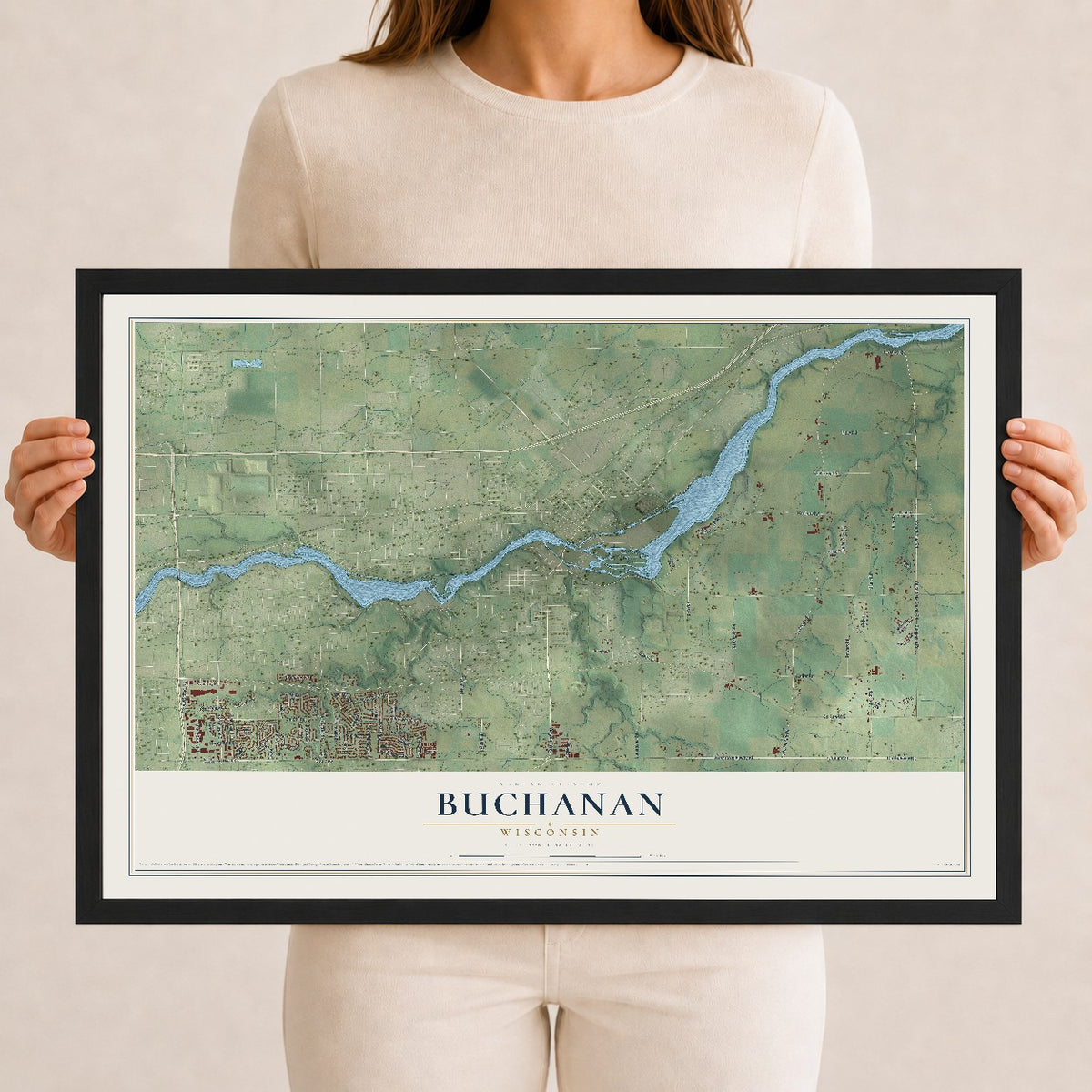 Map of Buchanan, Wisconsin, 12 x 18 inch print in a black wood frame