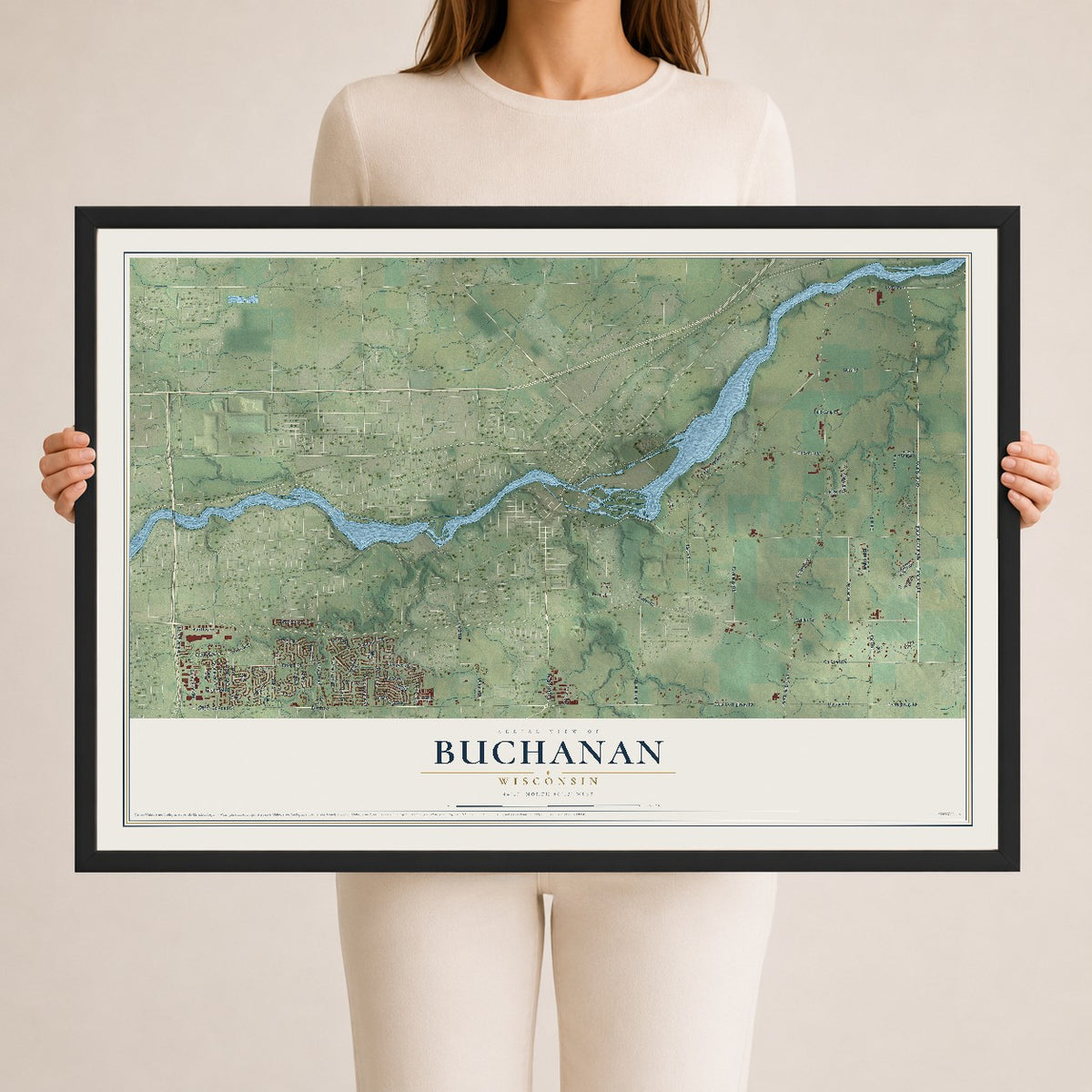 Map of Buchanan, Wisconsin, 24 x 36 inch print in a black wood frame