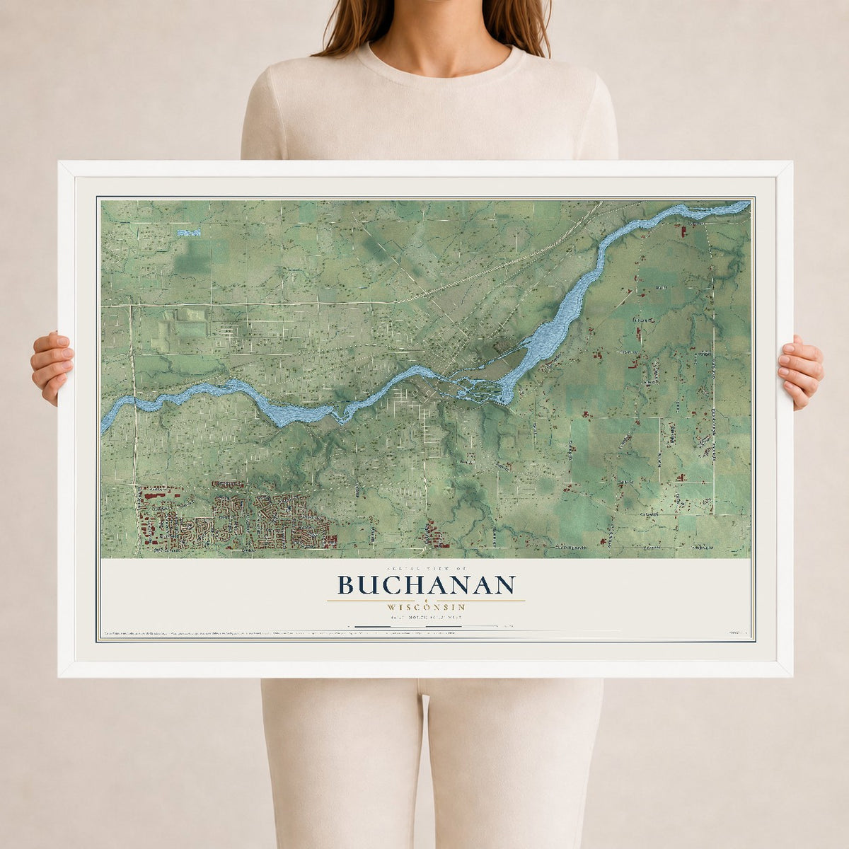 Map of Buchanan, Wisconsin, 24 x 36 inch print in a white wood frame