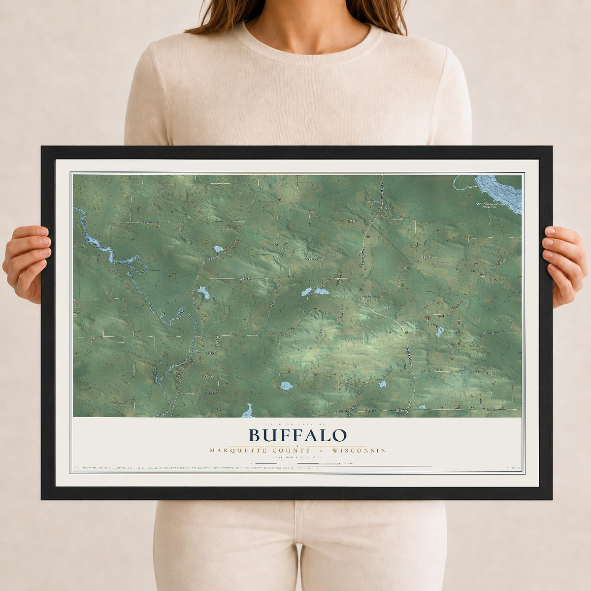 Map of Buffalo, Marquette County, Wisconsin, 12 x 18 inch print in a black wood frame