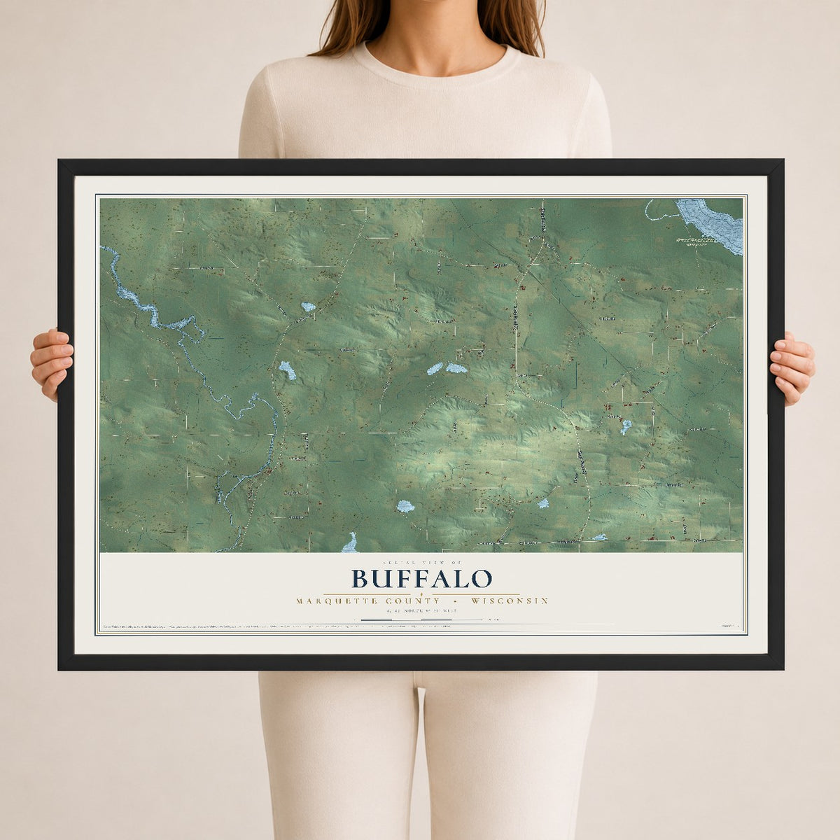 Map of Buffalo, Marquette County, Wisconsin, 24 x 36 inch print in a black wood frame