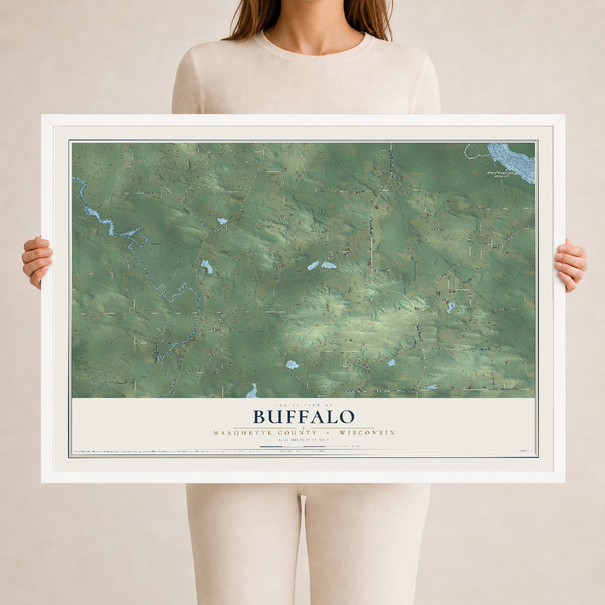 Map of Buffalo, Marquette County, Wisconsin, 24 x 36 inch print in a white wood frame