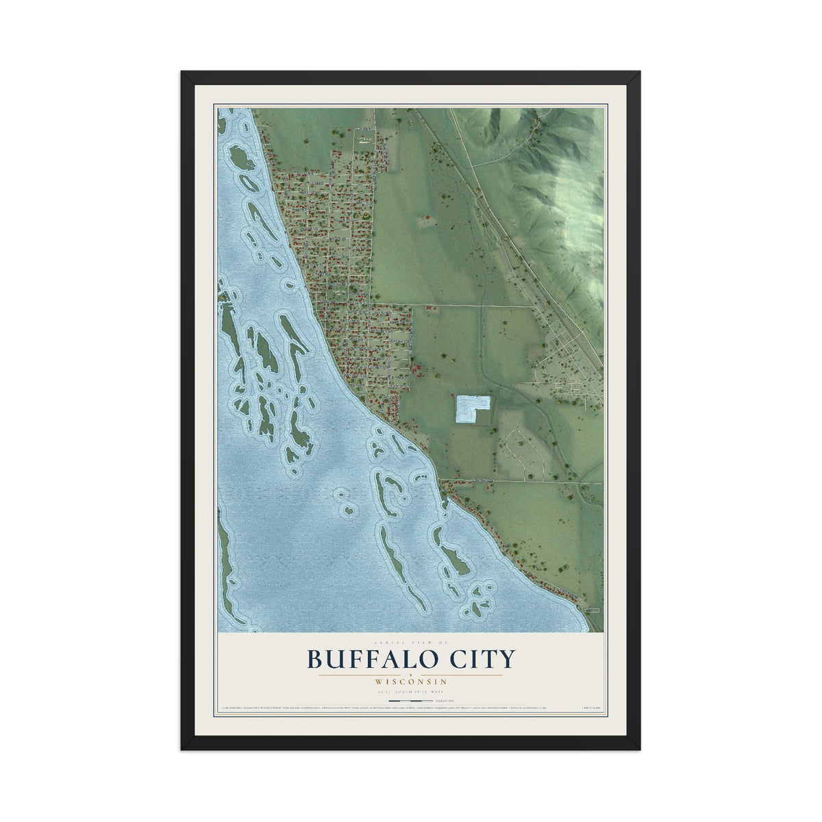 Map of Buffalo City, Wisconsin, 12 x 18 inch print in a black wood frame