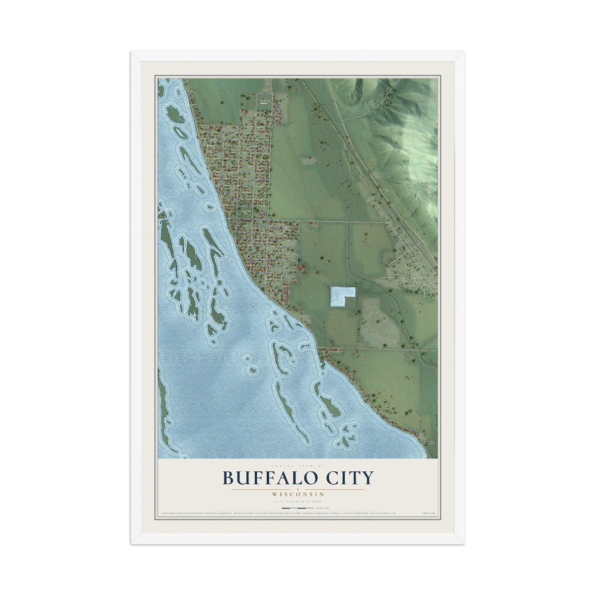 Map of Buffalo City, Wisconsin, 12 x 18 inch print in a white wood frame