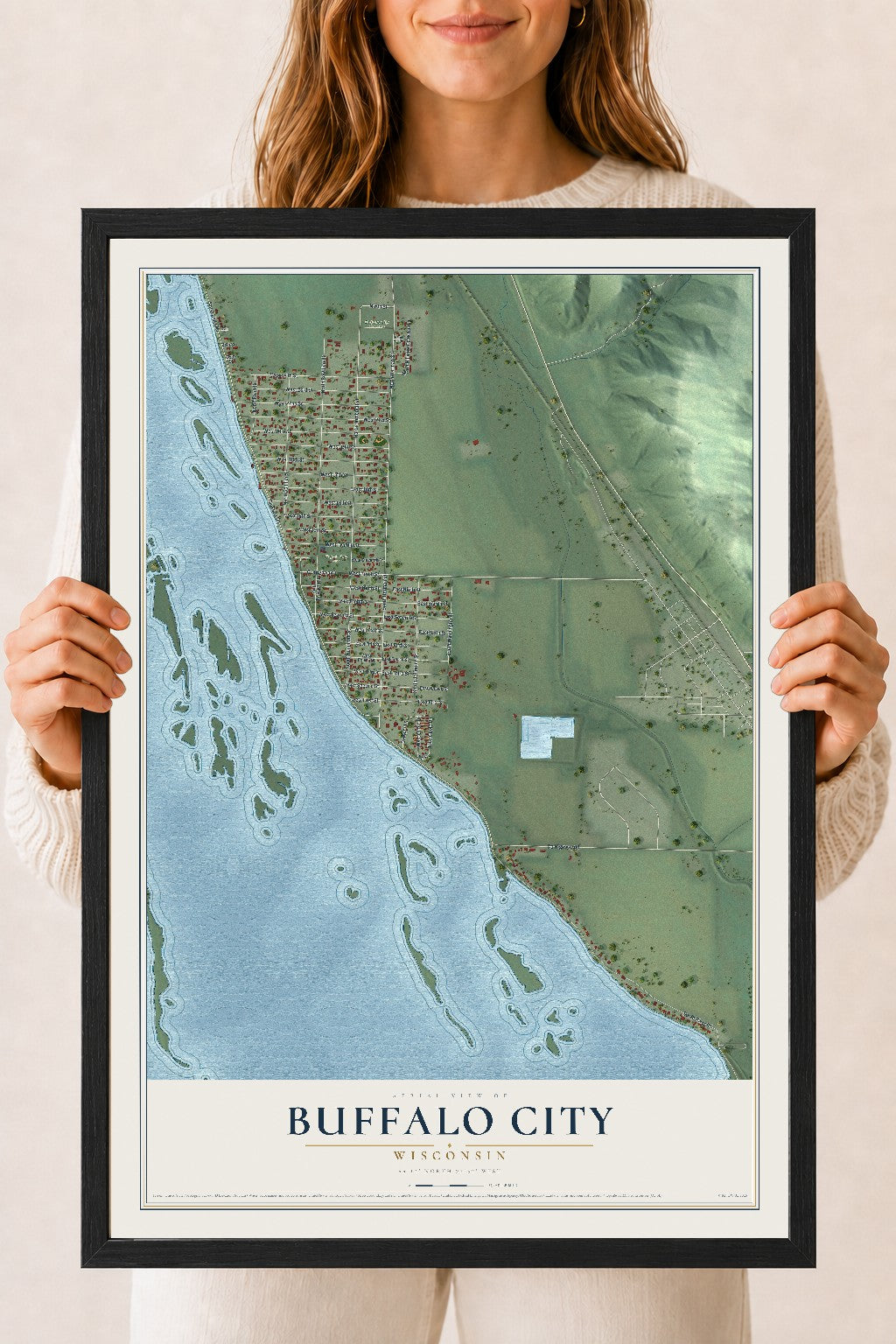 Map of Buffalo City, Wisconsin, 18 x 24 inch print in a black wood frame