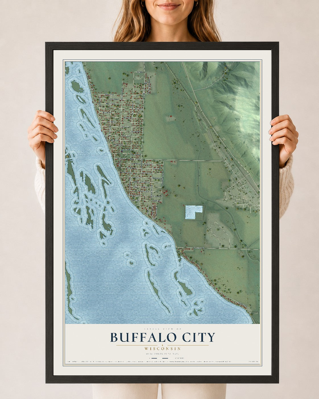 Map of Buffalo City, Wisconsin, 24 x 36 inch print in a black wood frame