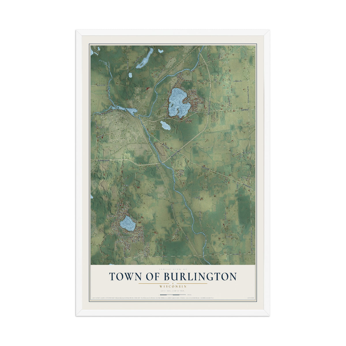 Map of the Town of Burlington, Wisconsin, 12 x 18 inch print in a white wood frame