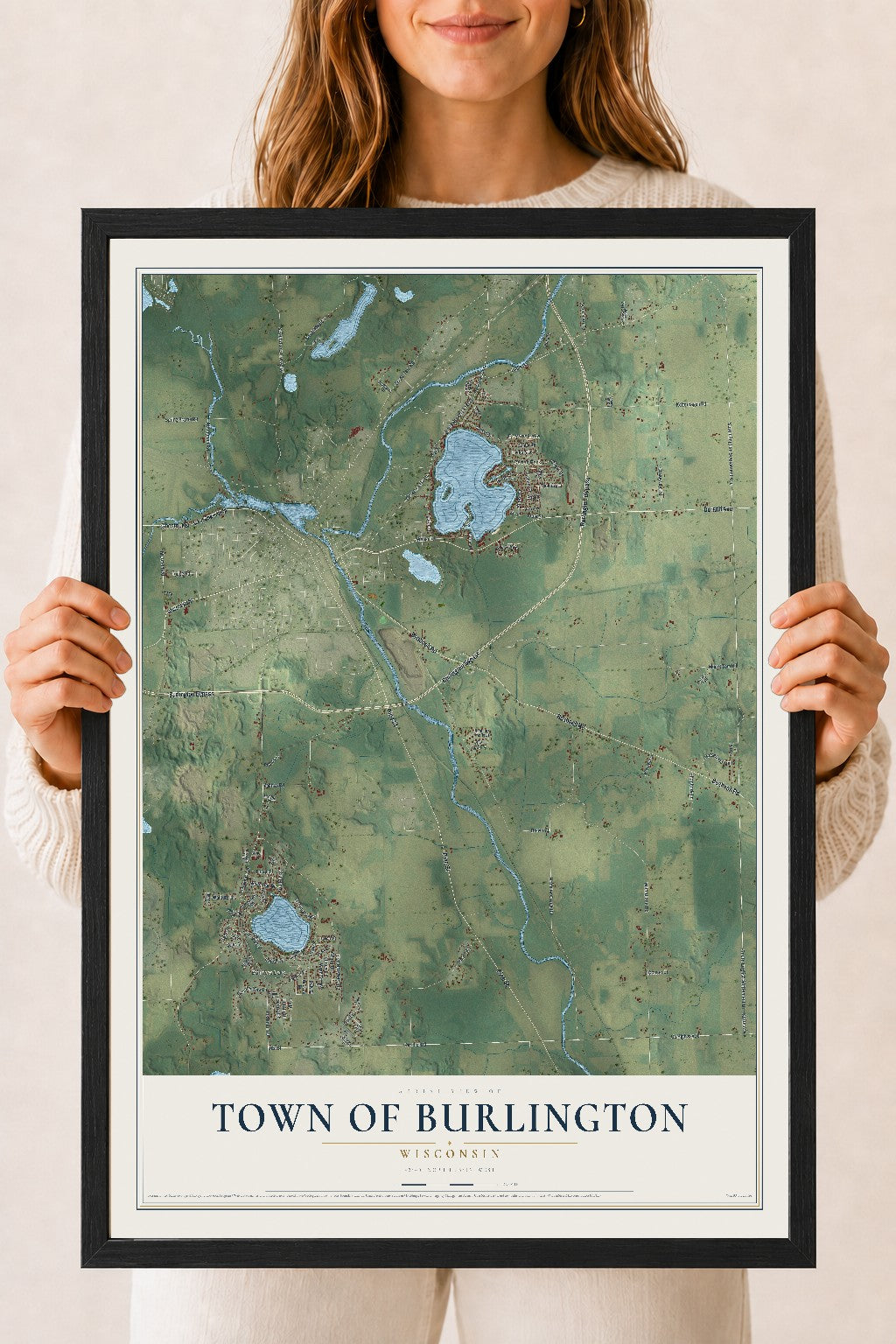 Map of the Town of Burlington, Wisconsin, 18 x 24 inch print in a black wood frame