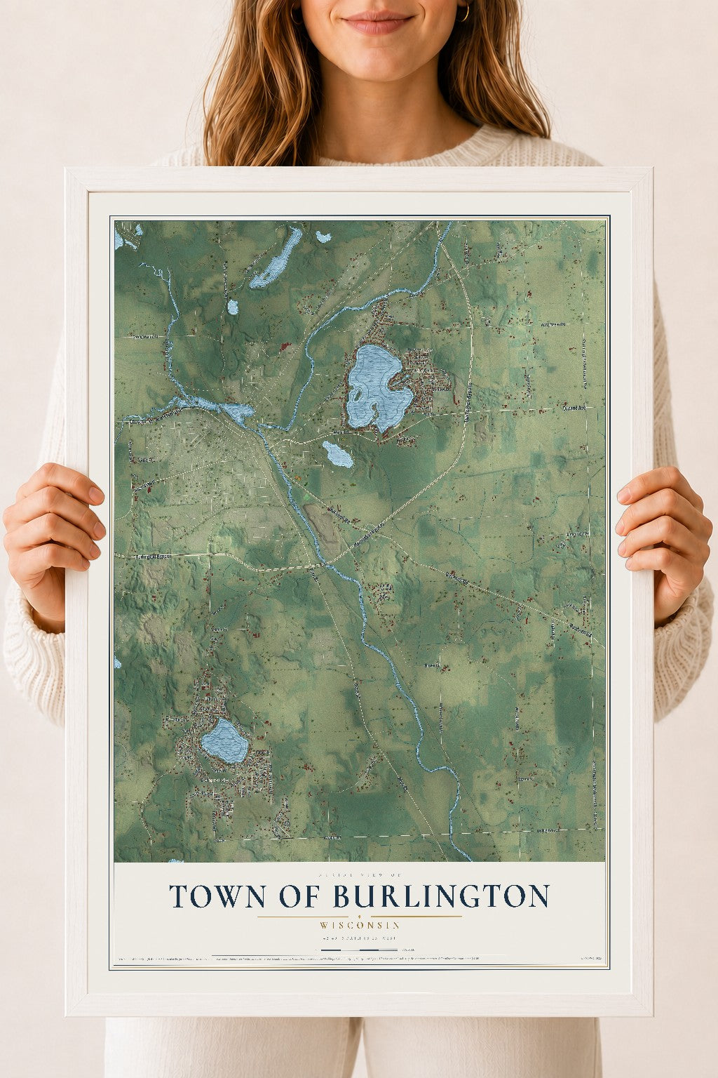 Map of the Town of Burlington, Wisconsin, 18 x 24 inch print in a white wood frame