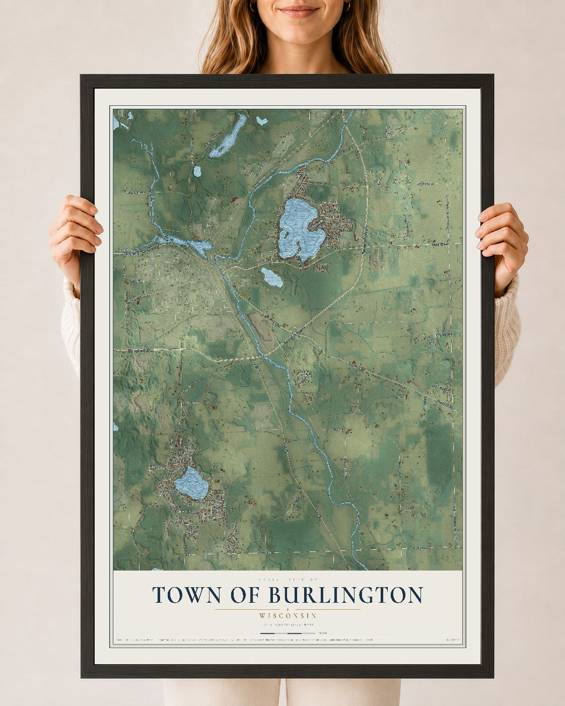 Map of the Town of Burlington, Wisconsin, 24 x 36 inch print in a black wood frame