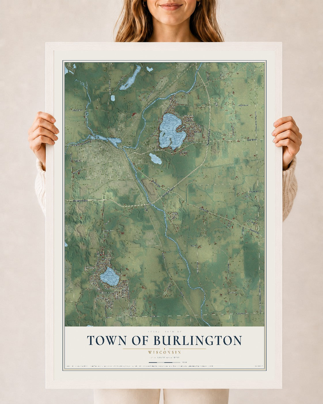 Map of the Town of Burlington, Wisconsin, 24 x 36 inch print in a white wood frame