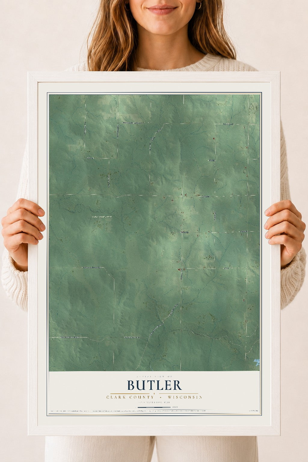 Map of Butler, Clark County, Wisconsin, 18 x 24 inch print in a white wood frame