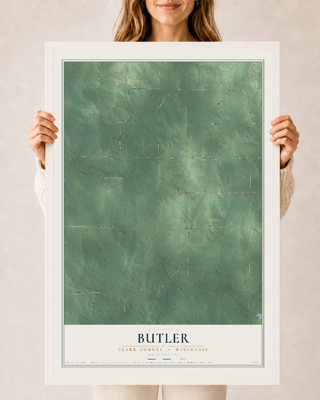 Map of Butler, Clark County, Wisconsin, 24 x 36 inch print in a white wood frame