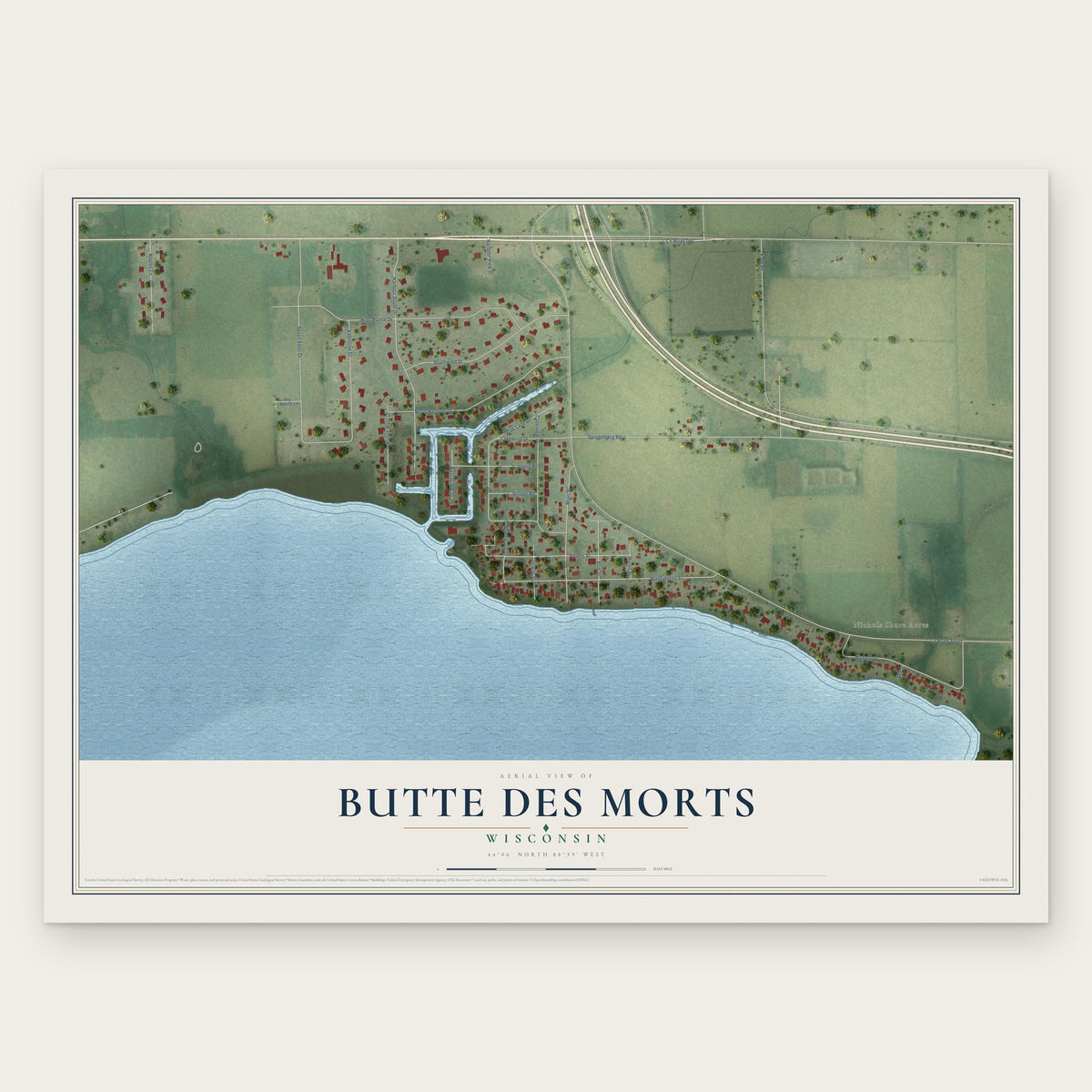 Butte des Morts, Wisconsin map print, the full design