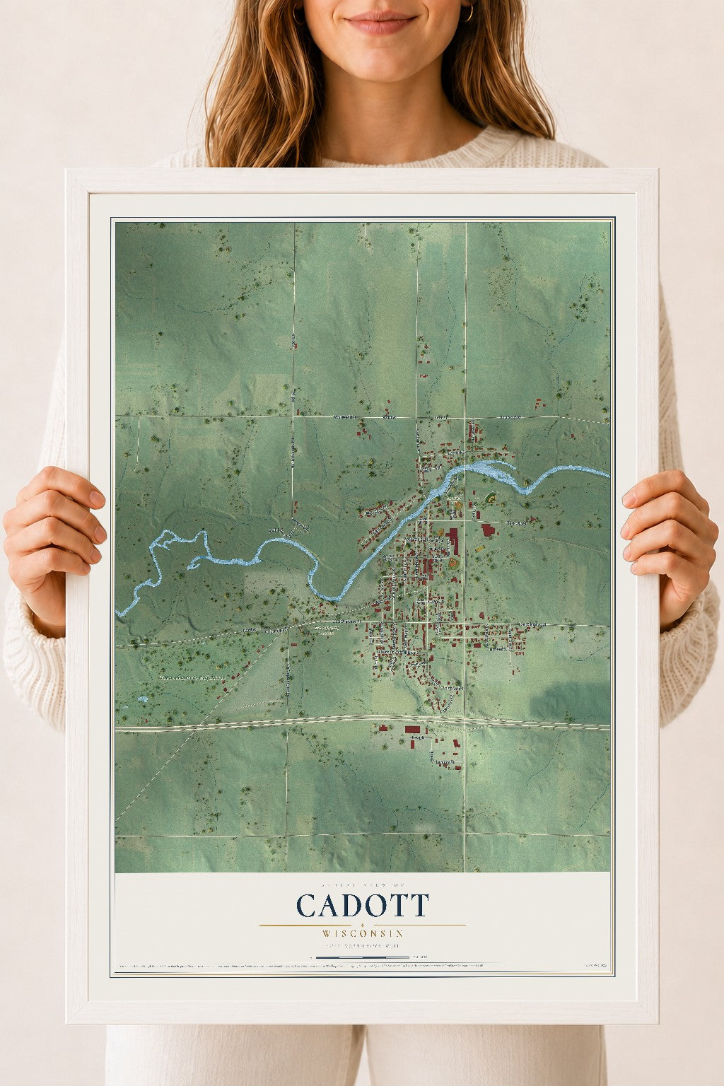 Map of Cadott, Wisconsin, 18 x 24 inch print in a white wood frame