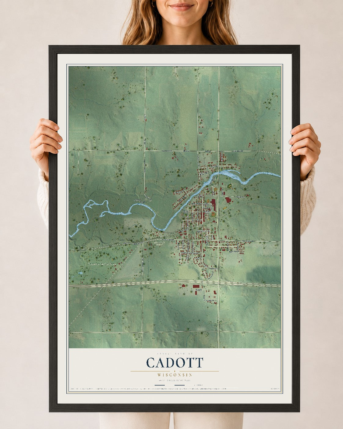 Map of Cadott, Wisconsin, 24 x 36 inch print in a black wood frame