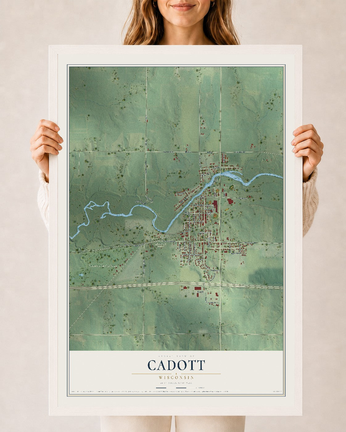 Map of Cadott, Wisconsin, 24 x 36 inch print in a white wood frame