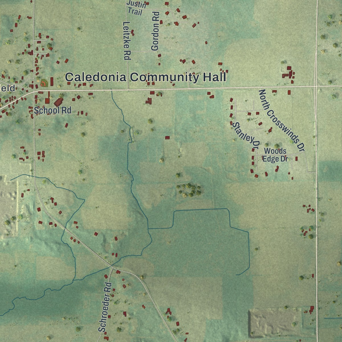 Close-up of the map of Caledonia, Waupaca County, Wisconsin print showing street and building detail