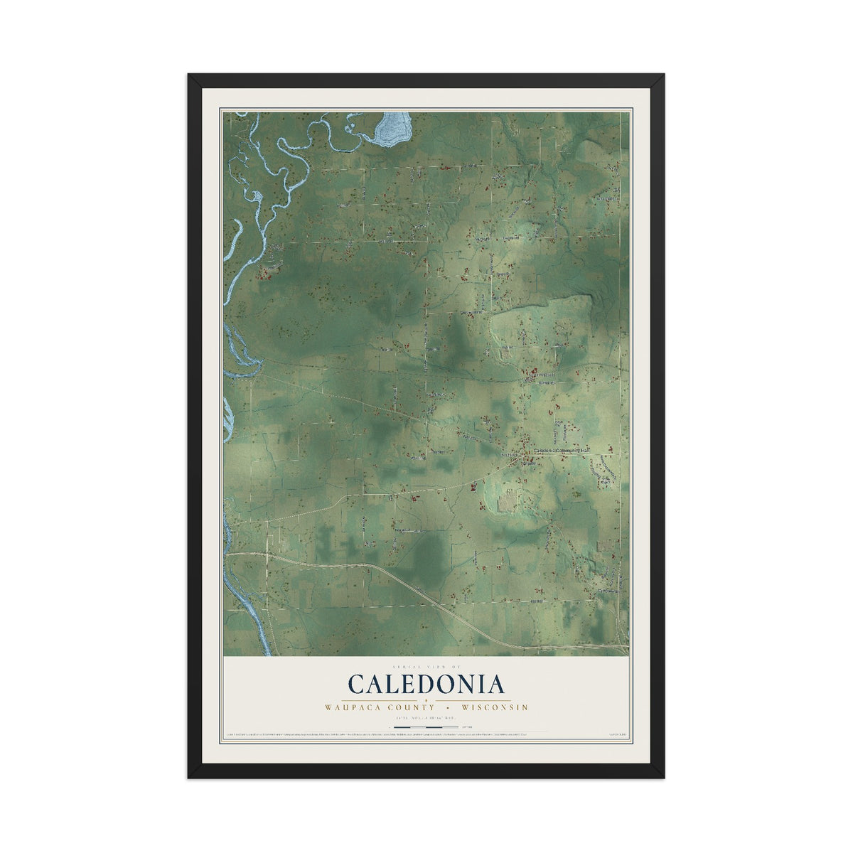 Map of Caledonia, Waupaca County, Wisconsin, 12 x 18 inch print in a black wood frame