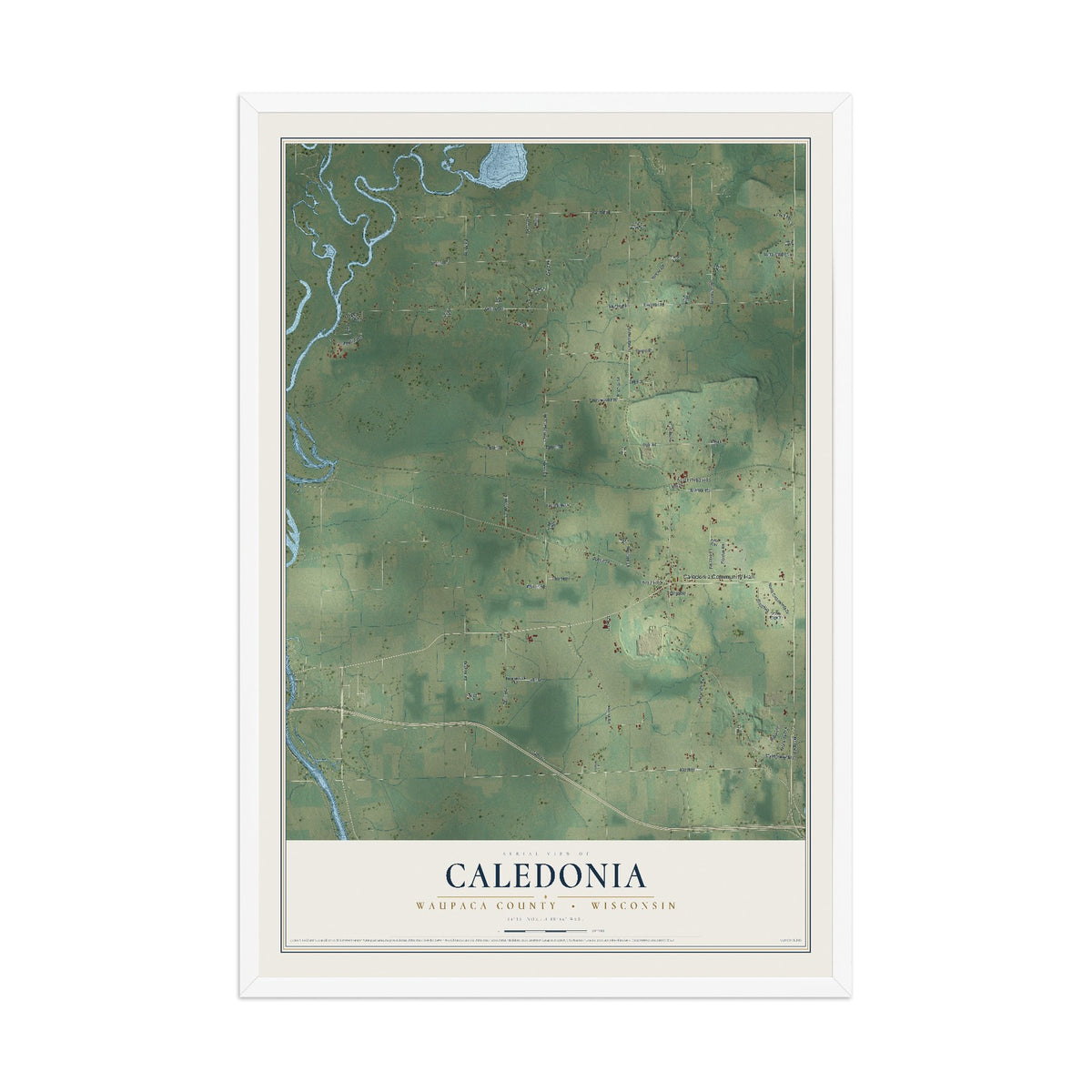 Map of Caledonia, Waupaca County, Wisconsin, 12 x 18 inch print in a white wood frame