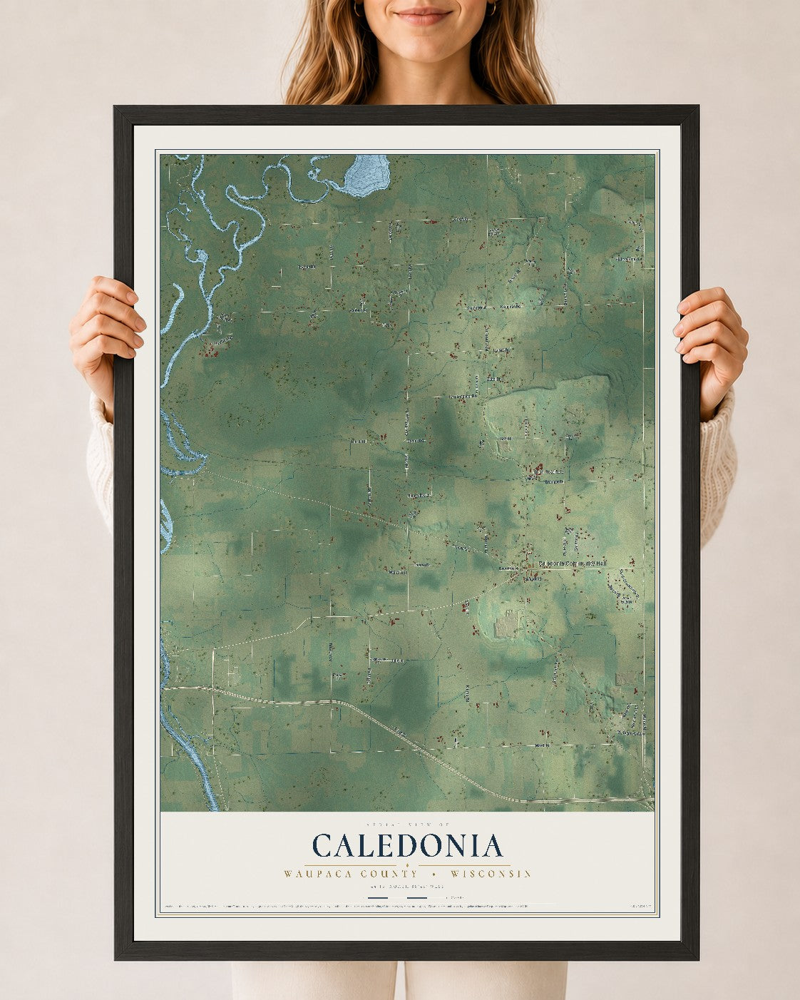 Map of Caledonia, Waupaca County, Wisconsin, 24 x 36 inch print in a black wood frame