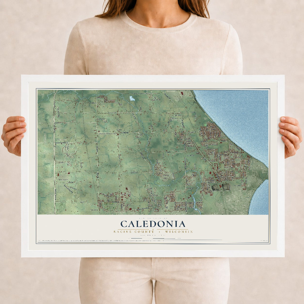 Map of Caledonia, Racine County, Wisconsin, 12 x 18 inch print in a white wood frame