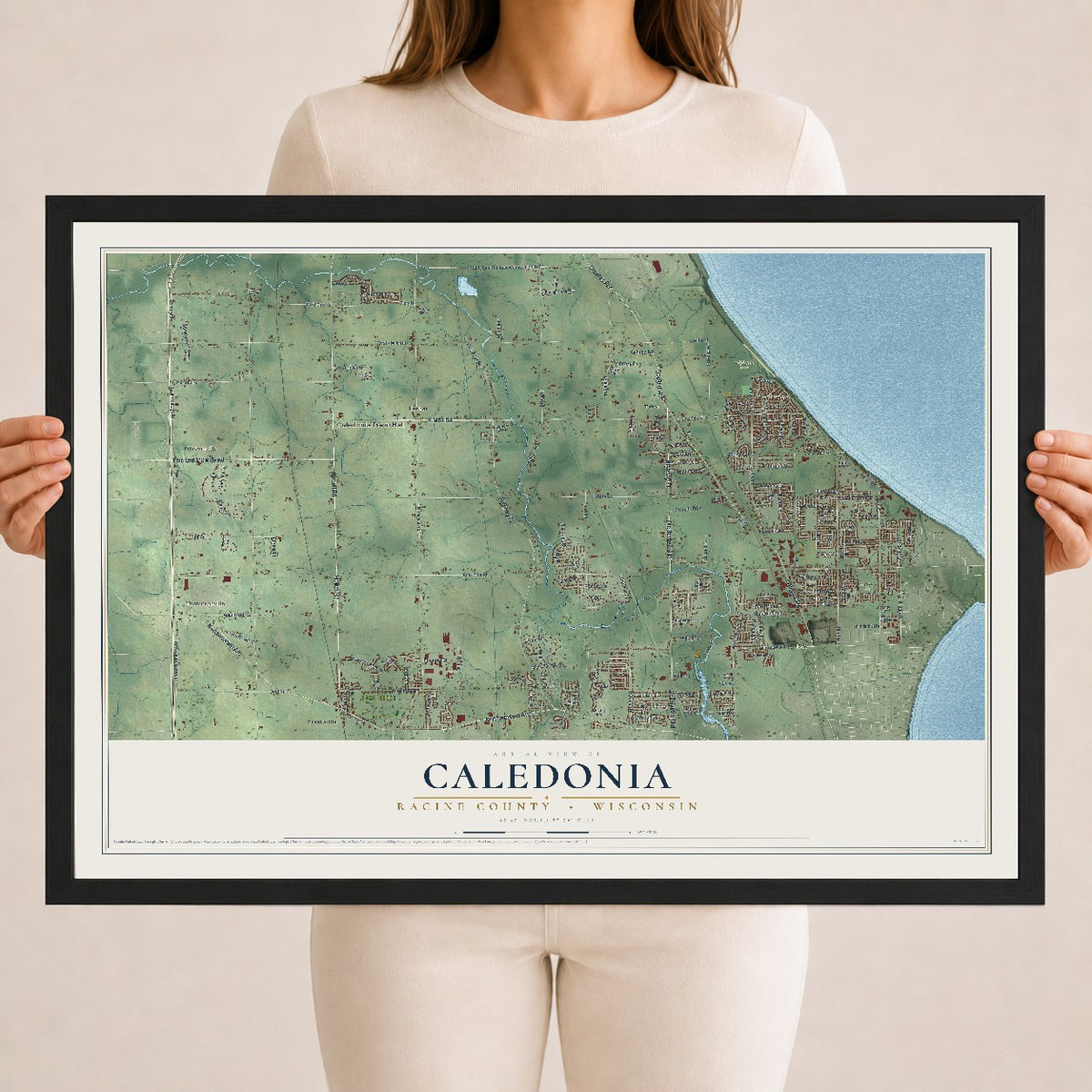 Map of Caledonia, Racine County, Wisconsin, 18 x 24 inch print in a black wood frame