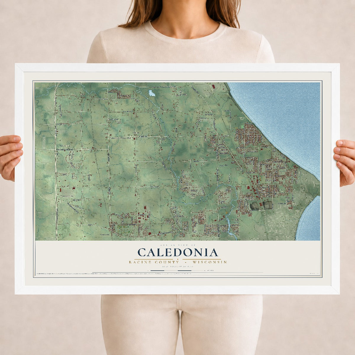 Map of Caledonia, Racine County, Wisconsin, 18 x 24 inch print in a white wood frame