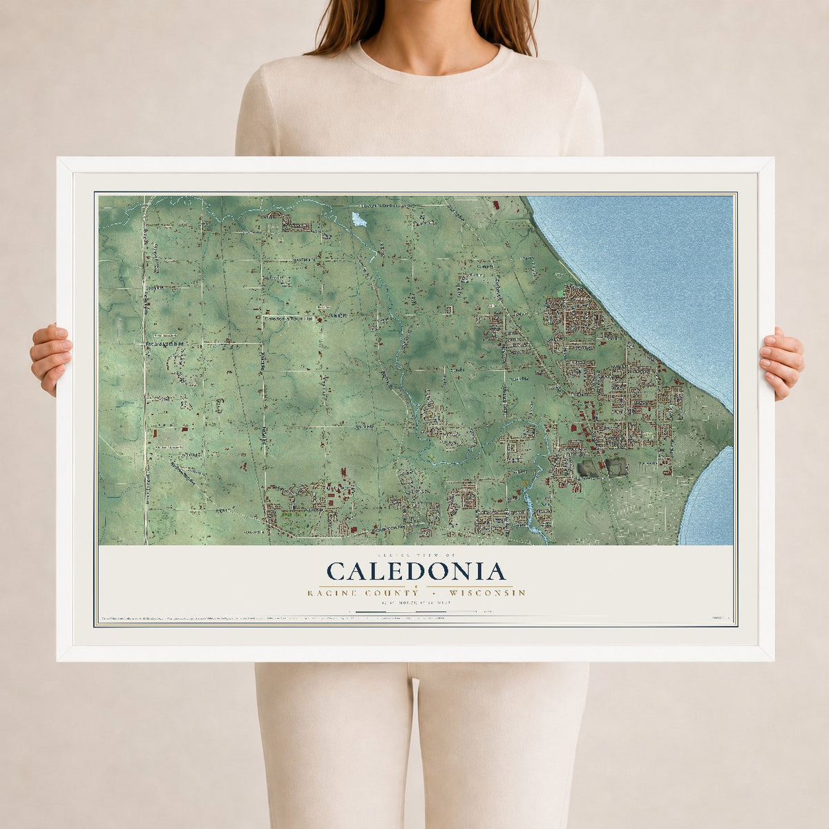 Map of Caledonia, Racine County, Wisconsin, 24 x 36 inch print in a white wood frame
