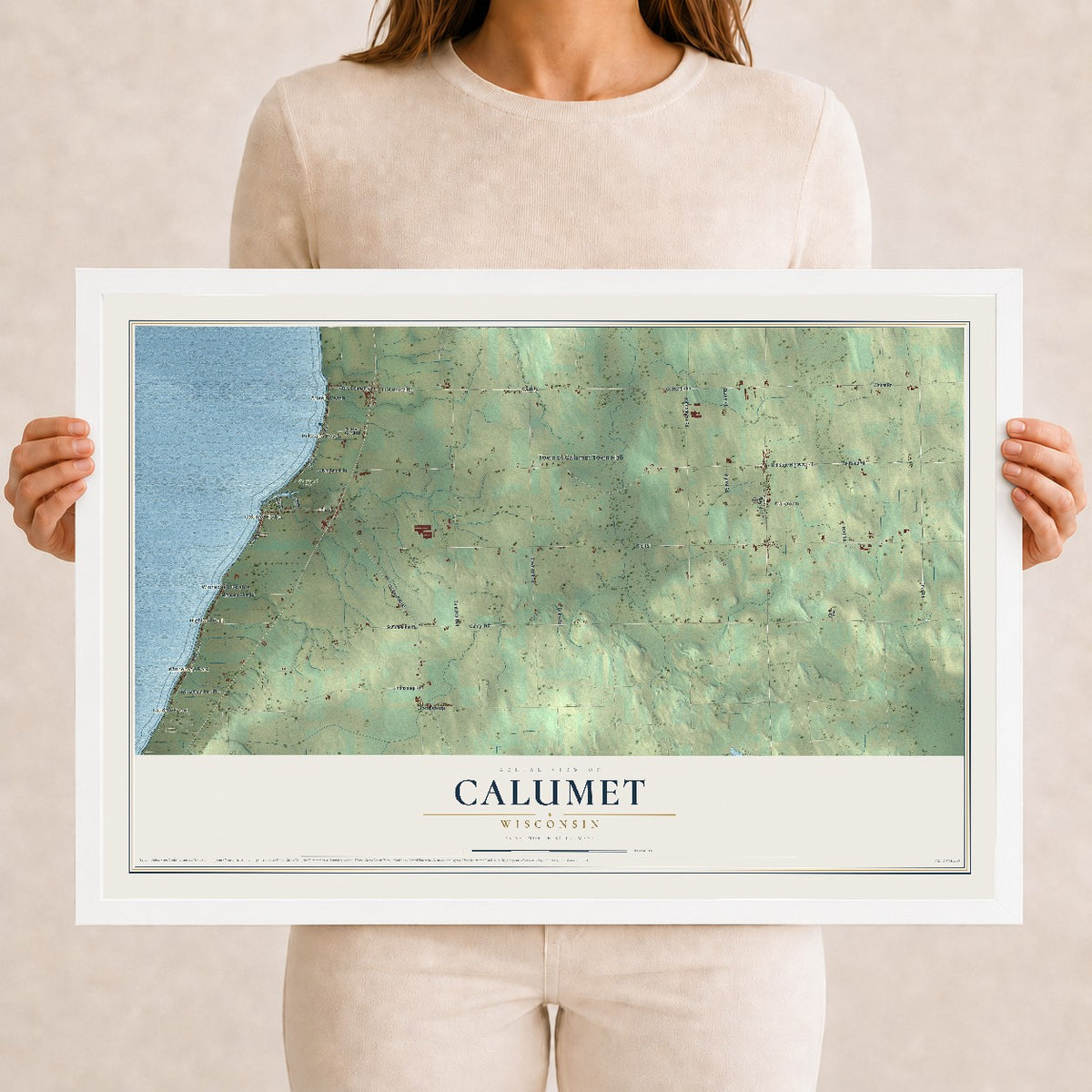 Map of Calumet, Wisconsin, 12 x 18 inch print in a white wood frame