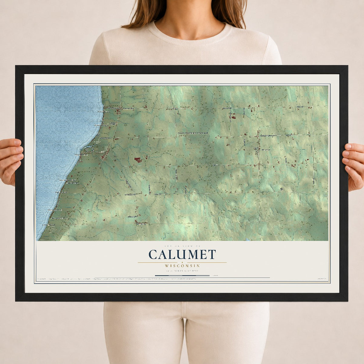 Map of Calumet, Wisconsin, 18 x 24 inch print in a black wood frame