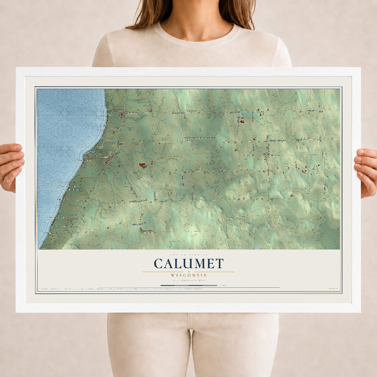 Map of Calumet, Wisconsin, 18 x 24 inch print in a white wood frame