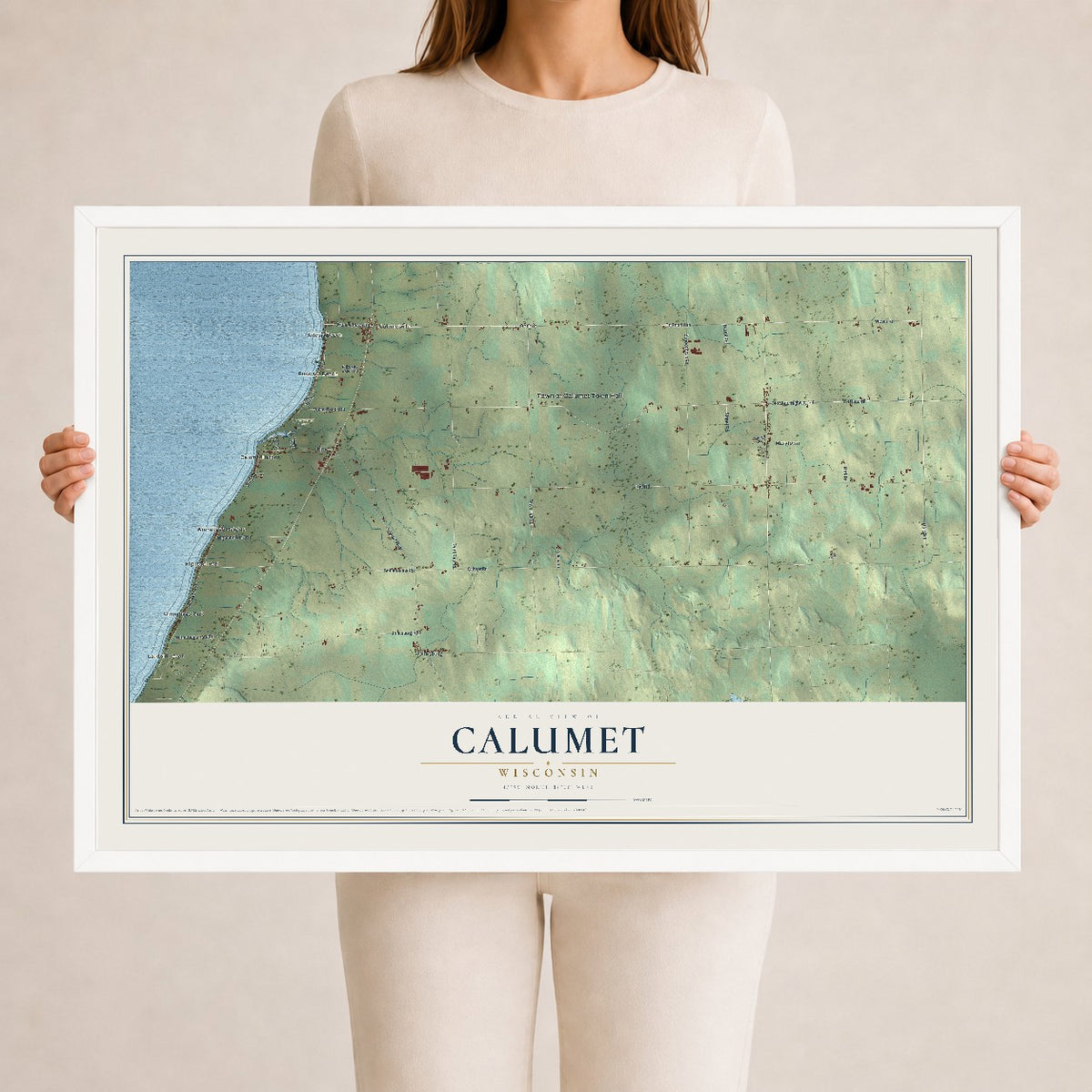 Map of Calumet, Wisconsin, 24 x 36 inch print in a white wood frame