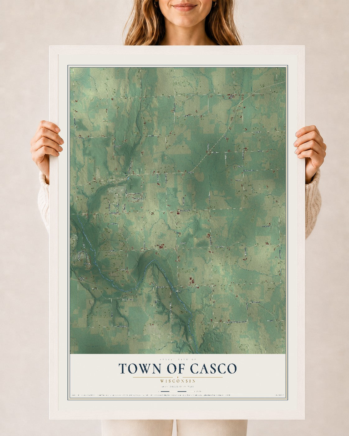 Map of the Town of Casco, Wisconsin, 24 x 36 inch print in a white wood frame