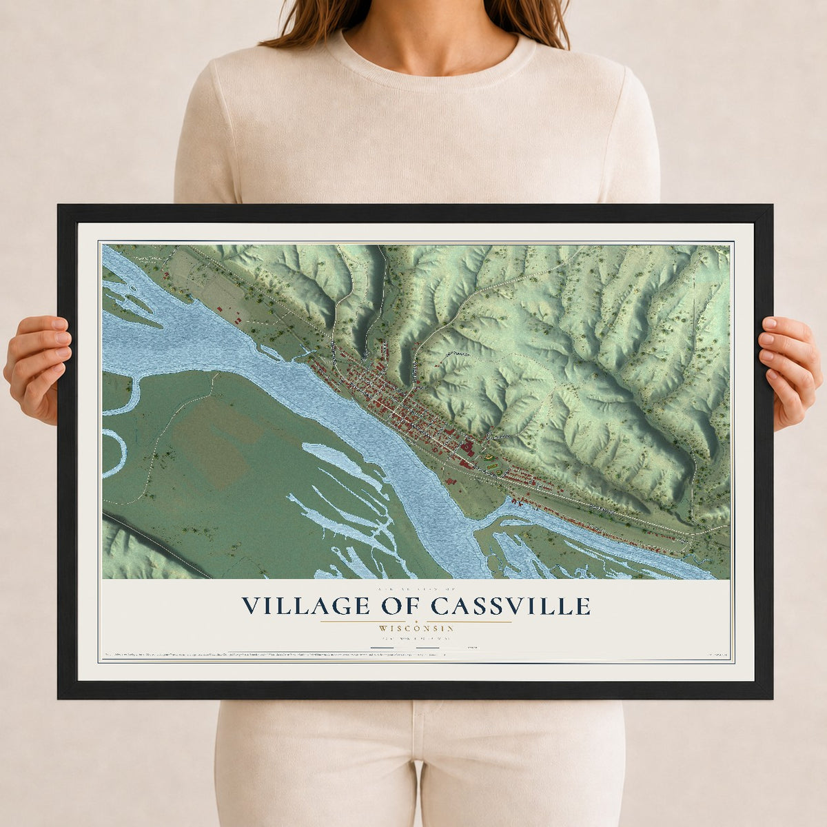 Map of Cassville, Wisconsin, 12 x 18 inch print in a black wood frame