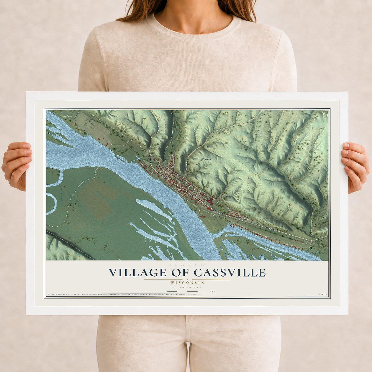Map of Cassville, Wisconsin, 12 x 18 inch print in a white wood frame