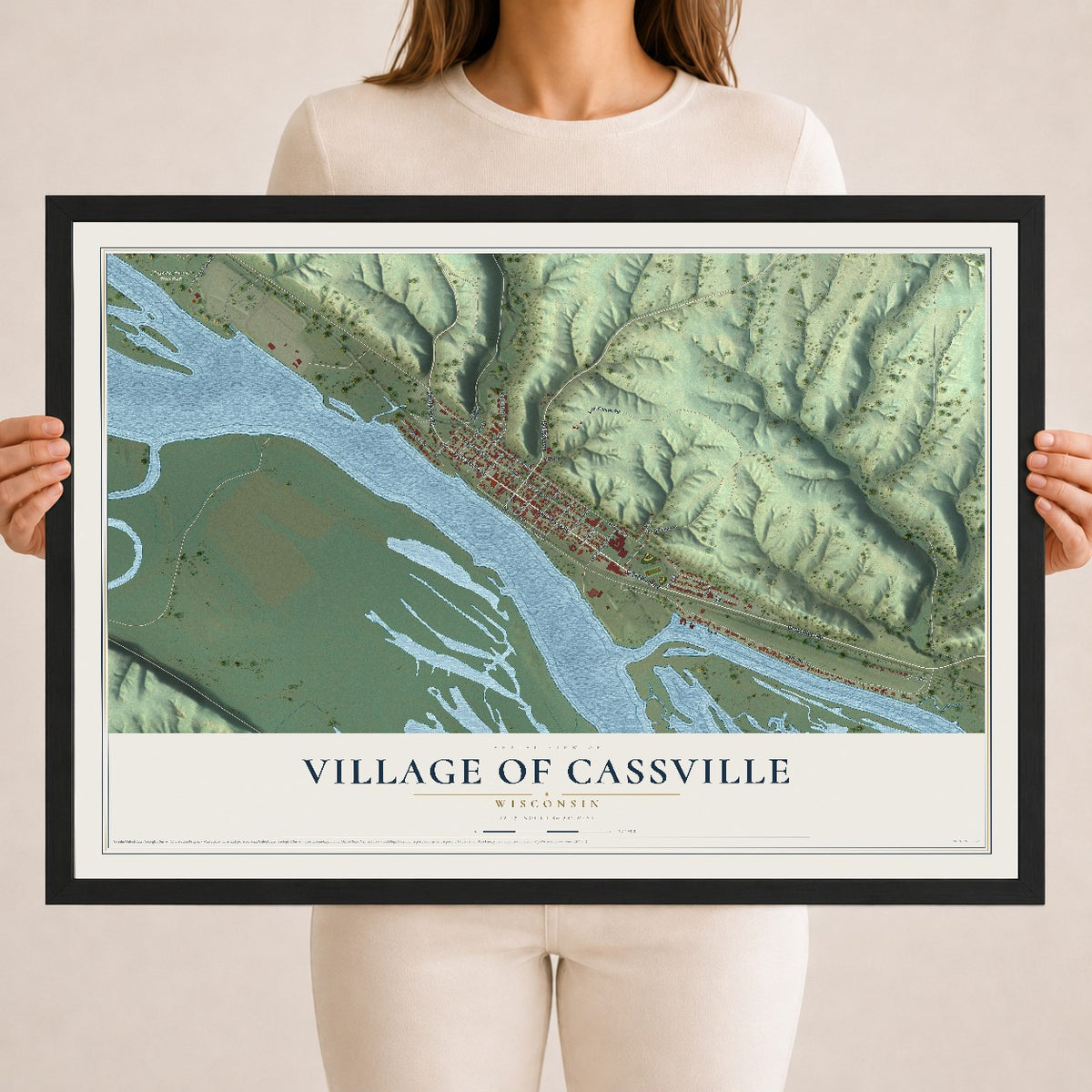 Map of Cassville, Wisconsin, 18 x 24 inch print in a black wood frame