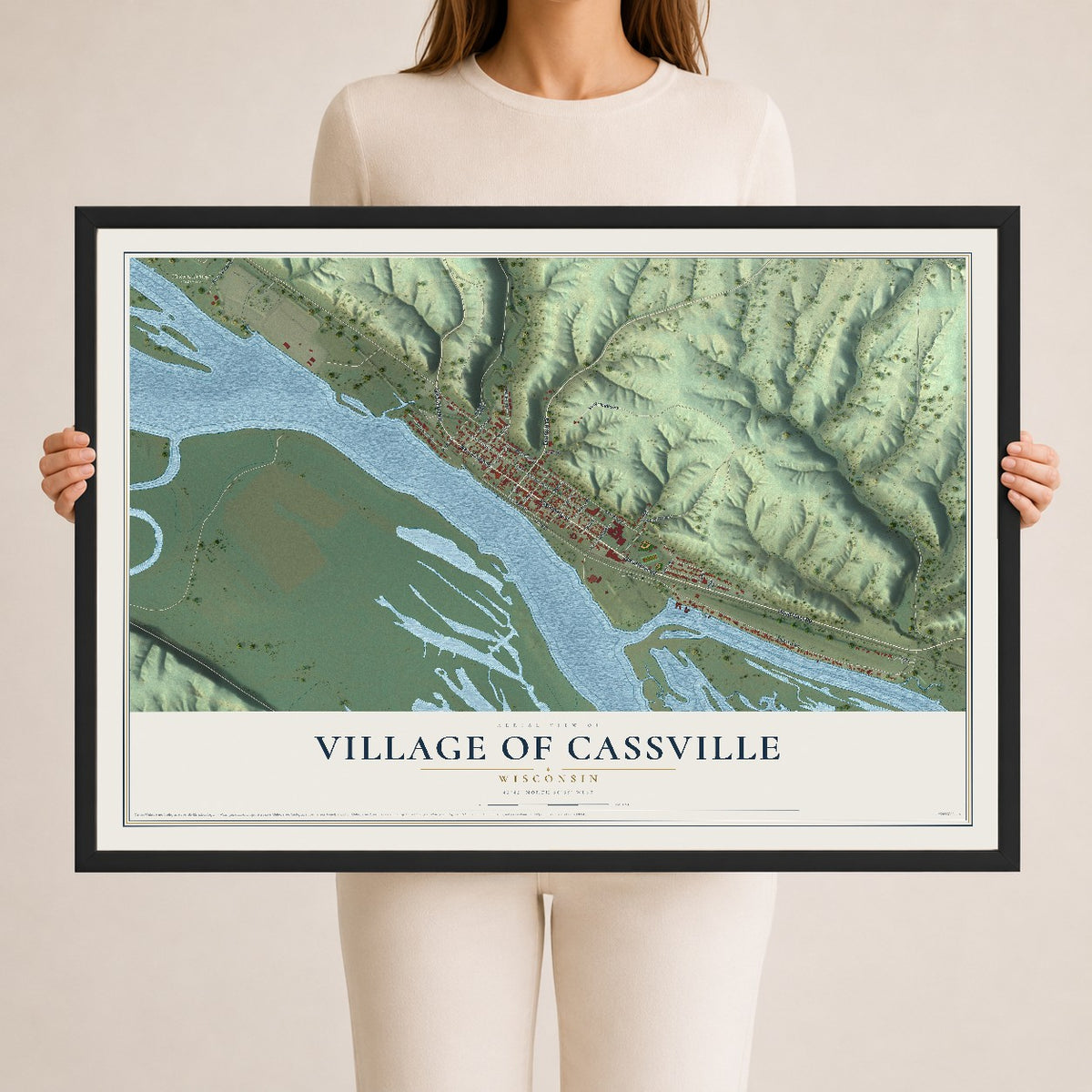 Map of Cassville, Wisconsin, 24 x 36 inch print in a black wood frame