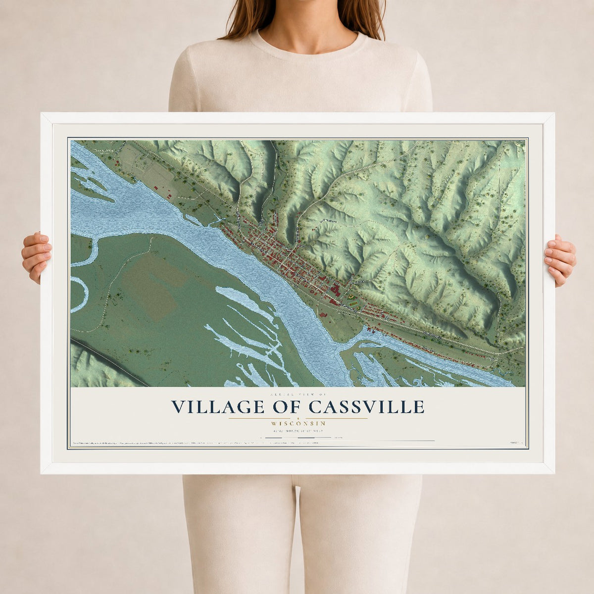 Map of Cassville, Wisconsin, 24 x 36 inch print in a white wood frame