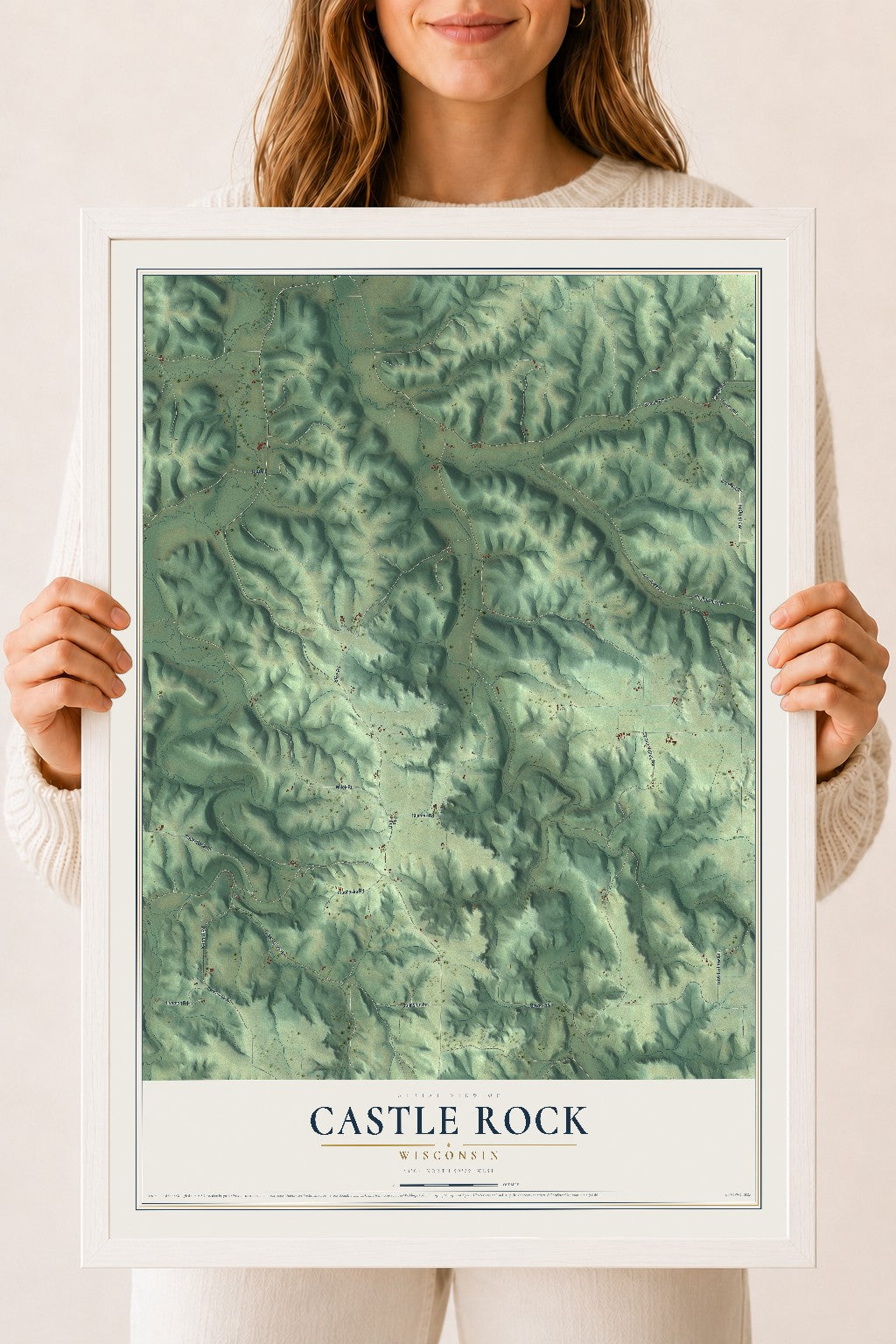 Map of Castle Rock, Wisconsin, 18 x 24 inch print in a white wood frame
