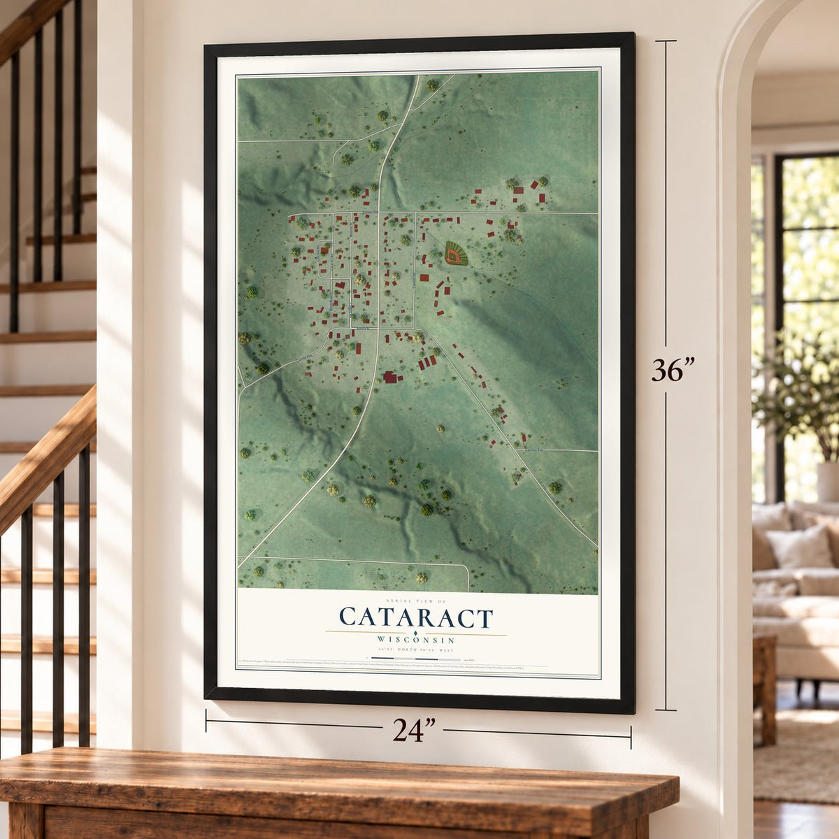 Cataract, Wisconsin map, 24 x 36 inch print in a black frame by a staircase